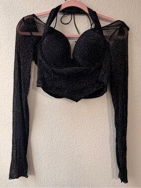 Revamped Black Sparkle Bustier Top Sheer Long Sleeve Crop Goth Party Club L
